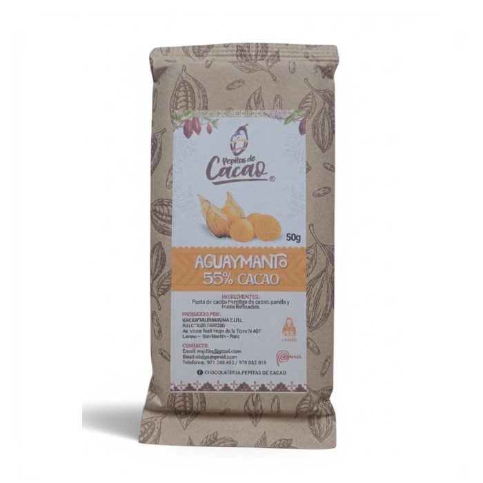 Tableta de chocolate con aguaymanto al 55%, 50 gr de la marca PEPITAS DE CACAO de Tarapoto