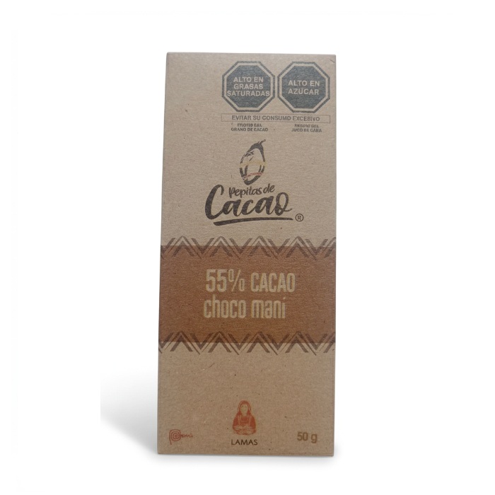 Tableta de chocolate con mani al 55%, 50 gr de la marca PEPITAS DE CACAO de Tarapoto